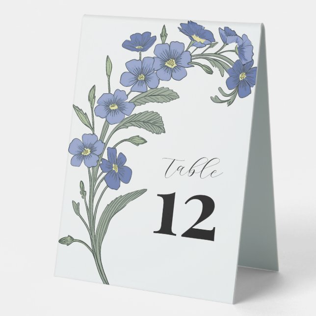 Periwinkle Blue Floral Moderne Hochzeit Tischaufsteller (Vorderseite)