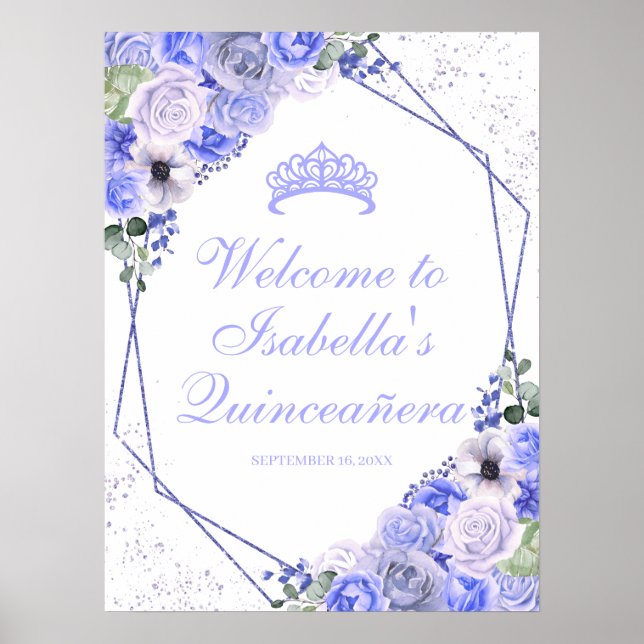 Périwinkle Blue Floral Quinceanera Affiche de bien (Devant)