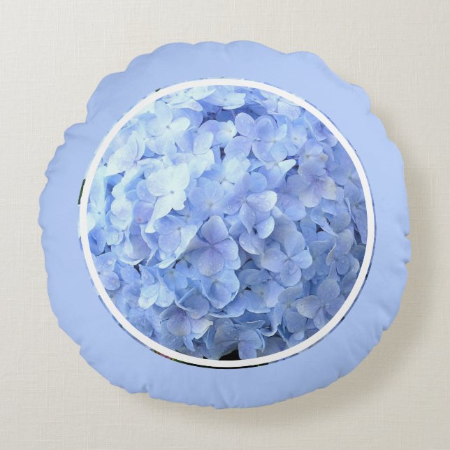 PERIWINKLE BLUE HYDRANGEA ROUND PILLOW RUNDES KISSEN (Vorderseite)