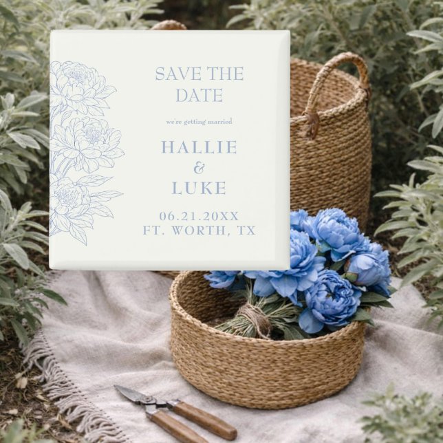 Periwinkle Blue Peony Line Art Wedding Save Date Magnet (Von Creator hochgeladen)