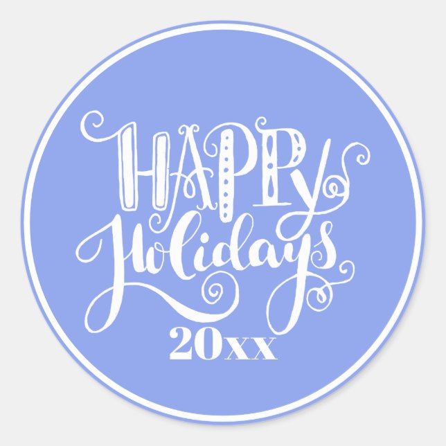 Periwinkle Blue Silver White Happy Holidays Runder Aufkleber (Vorderseite)