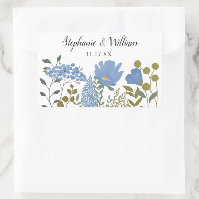 Periwinkle Blue Spring Floral Personalisiert Weddi Rechteckiger Aufkleber (Tasche)
