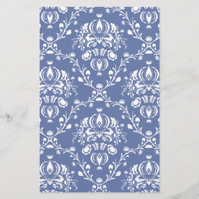 Periwinkle Blue und White Damask Briefpapier (Vorderseite)