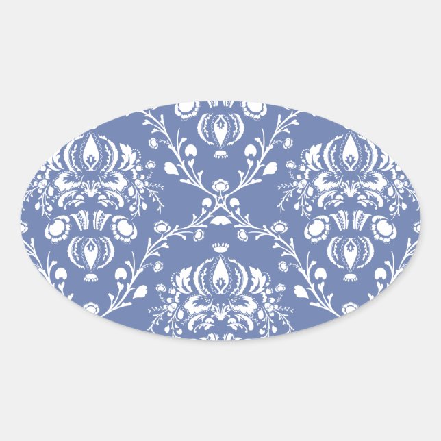 Periwinkle Blue und White Damask Ovaler Aufkleber (Vorderseite)