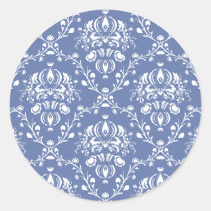 Periwinkle Blue und White Damask Runder Aufkleber