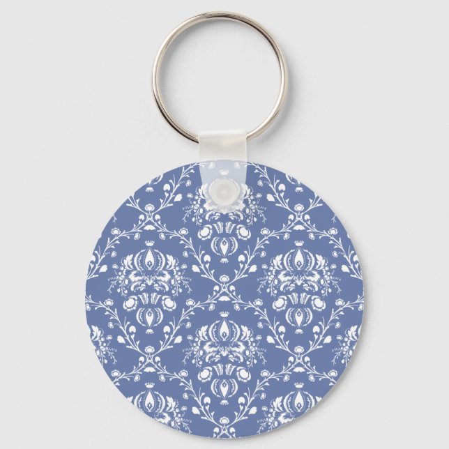 Periwinkle Blue und White Damask Schlüsselanhänger (Vorderseite)