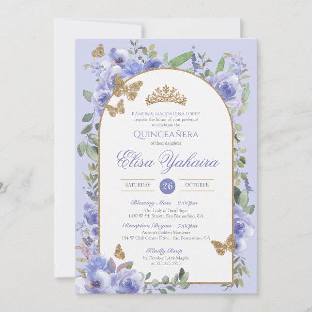 Periwinkle Blue Watercolor Golden Butterfly Quince Einladung (Vorderseite)