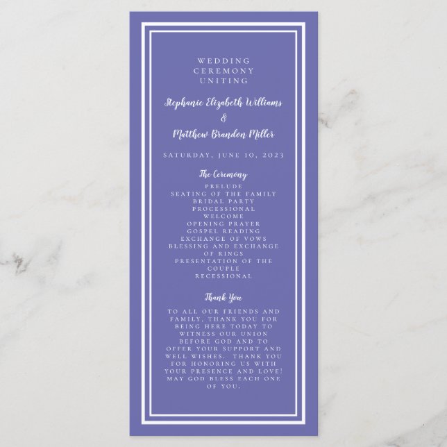 Periwinkle Blue Wedding Service Zeremonie Moderne Programm (Vorderseite)