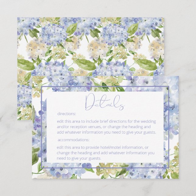Periwinkle Blue White Hydrangea Details Hochzeit Begleitkarte (Vorne/Hinten)
