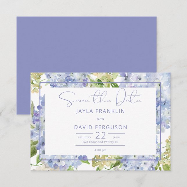 Periwinkle Blue White Hydrangea Wedding Save The Date (Vorne/Hinten)
