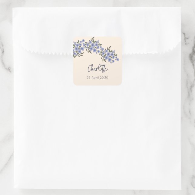 Periwinkle Blumenblüten Moderner Individuelle Name Quadratischer Aufkleber (Tasche)
