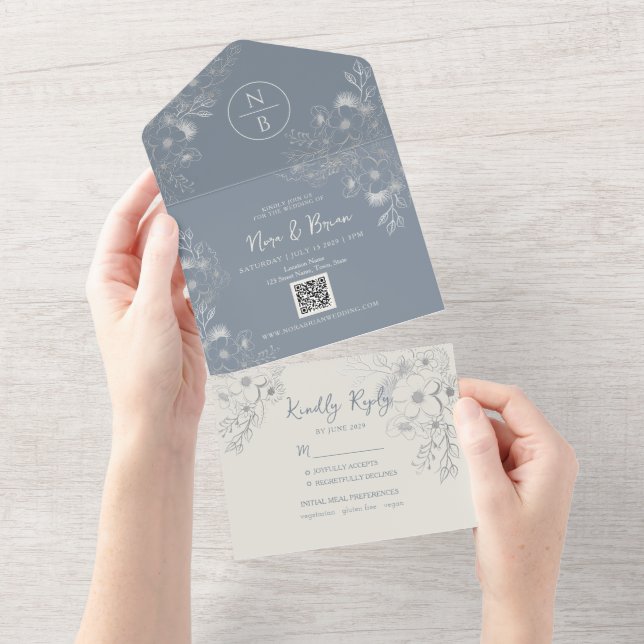 Periwinkle Boho Dusty Blue Wedding All In One Einladung (Abreißen)
