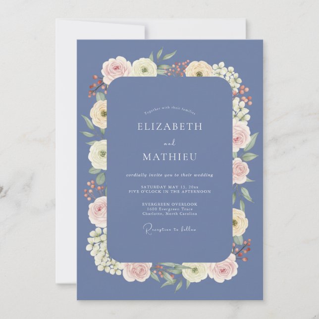 Periwinkle-Elfenbein-Creme-Blüten-Hochzeit Einladung (Vorderseite)