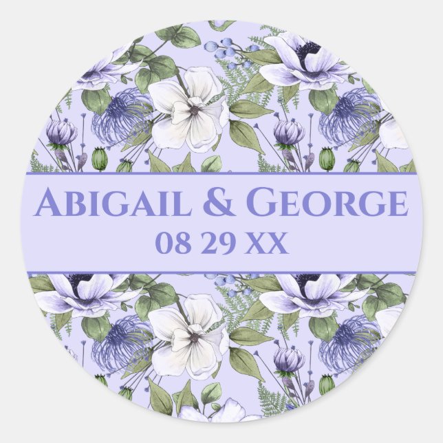 Periwinkle Florals Lila Gastgeschenk Hochzeit Runder Aufkleber (Vorderseite)