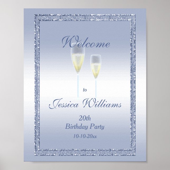 Periwinkle Glitzer & Champagne Flutes Geburtstag Poster (Vorne)