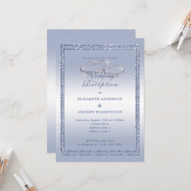 Periwinkle Glitzer, Silver Ring Wedding Empfang Einladung (Vorderseite/Rückseite Beispiel)