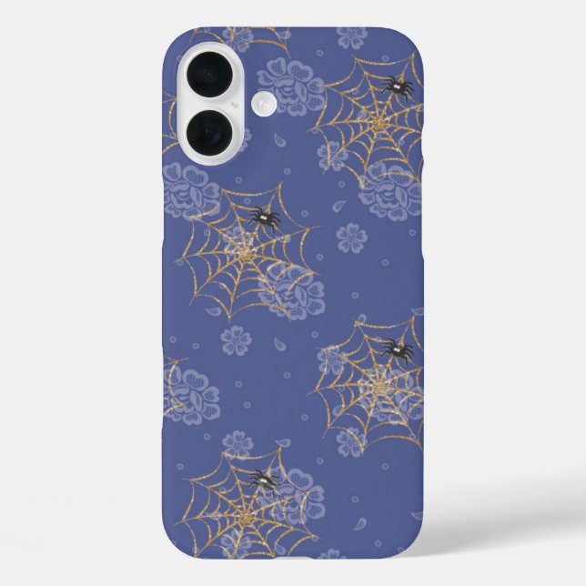 PERIWINKLE & GOLD HALLOWEEN SPIDERS & WEBS iPhone 16 PLUS HÜLLE (Rückseite)