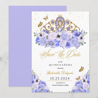 Periwinkle & Gold Tiara Save the Date Quinceañera Einladung