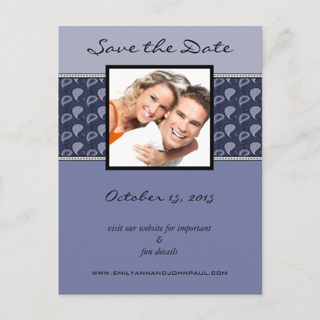 Periwinkle Ivory Paisley Save the Date Ihr Foto Ankündigungspostkarte (Vorderseite)
