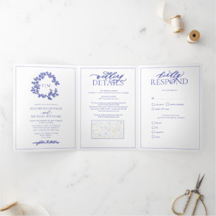Periwinkle Leafy Wappen Monogram Wedding Dreifach Gefaltete Einladung