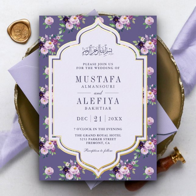 Periwinkle Lila blumenmuslimische Hochzeit Gold Folieneinladung (Von Creator hochgeladen)