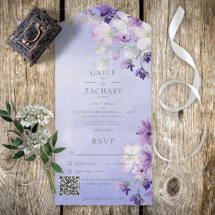 Periwinkle Lila Boho Floral QR-Code All In One Einladung