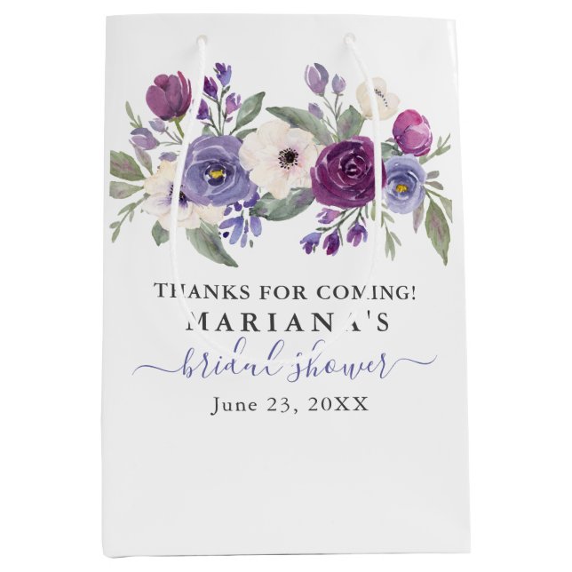 Periwinkle Lila Fuchsia Floral Brautparty Mittlere Geschenktüte (Vorderseite)