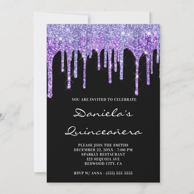 Periwinkle Lila Glitzer Tropfen Black Quinceañera Einladung (Vorderseite)