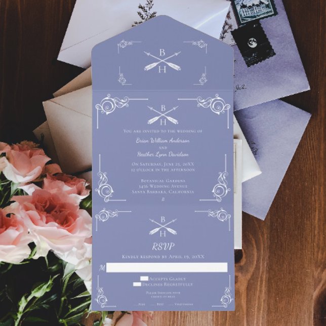 Periwinkle Monogram und Pfeile Hochzeit All In One Einladung (Periwinkle Monogram and Arrows Wedding All in One Invitation)