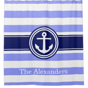 Periwinkle Navy Blue Rugby Stripe Anchor Monogram Duschvorhang