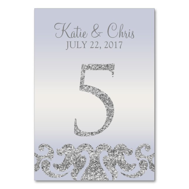 Periwinkle Silver Glitzer Look Tischnummern-5 Tischnummer (Vorderseite)