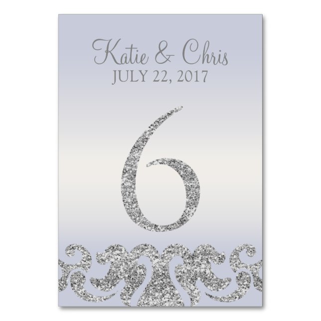 Periwinkle Silver Glitzer Look Tischnummern-6 Tischnummer (Vorderseite)