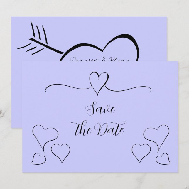 Periwinkle und Extravagante Kalligraphieherzen Save The Date (Vorne/Hinten)