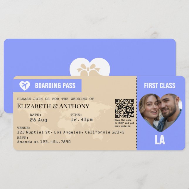 Periwinkle & Warm Sand Boarding Pass Wedding Einladung (Vorne/Hinten)