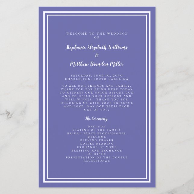 Periwinkle Wedding Script Budget Zeremonie Program (Vorderseite)