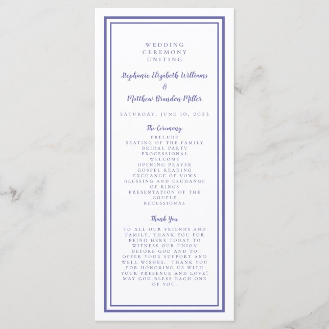 Periwinkle White Wedding Service Zeremonie Moderne Programm (Vorderseite)