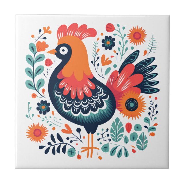 Perky Rooster skandinavische Folklorekunst Fliese (Vorderseite)