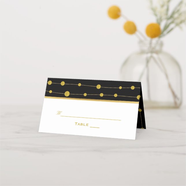 Perlen aus schwarzer und goldener Folie Hochzeitsk Platzkarte (Vorderseite)