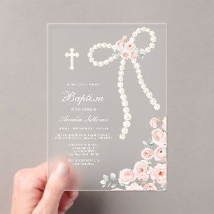 Perlen Bogen und Rosen Taufe Acryleinladungen