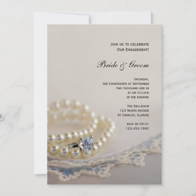 Perlen, Diamantring, Blue-Lace-Engagement-Partei Einladung (Vorderseite)