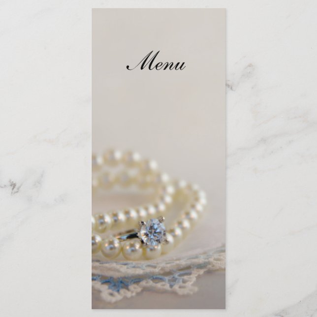 Perlen, Diamantring und Blue Lace Wedding Menu Menükarte (Rückseite)