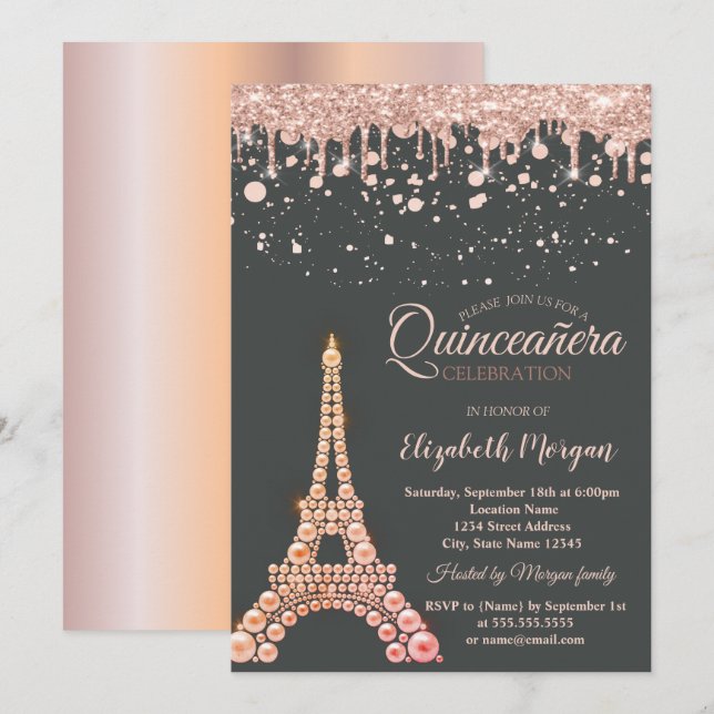 Perlen Eiffelturm, Tropfen Dots Quinceañera Einladung (Vorne/Hinten)
