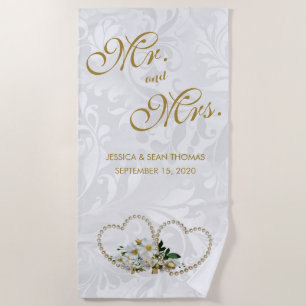 Perlen-Herz-u. Blumen-Damast-Hochzeit Strandtuch