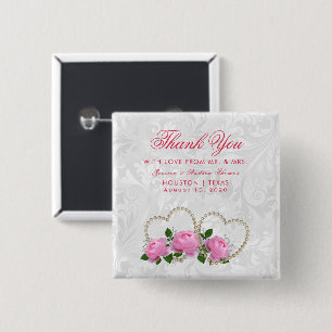 Perlen-Herz-u. Rosen-Damast-Gastgeschenk Hochzeit Button