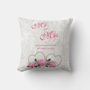 Perlen-Herz-u. Rosen-Damast-Hochzeit Kissen