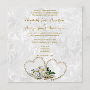 Perlen-Herzen- und Blumen-Damask-Hochzeit Einladung