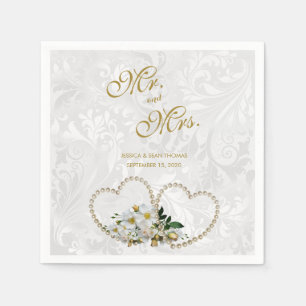 Perlen-Herzen- und Blumen-Damask-Hochzeit Serviette