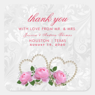 Perlen-Herzen und Rosen-Damaskus-Hochzeit-Danke Quadratischer Aufkleber