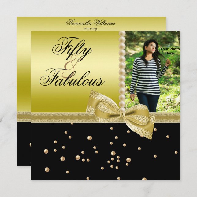 Perlen & Imitate Bow Fabulous 50 Foto Frauen Einladung (Vorne/Hinten)