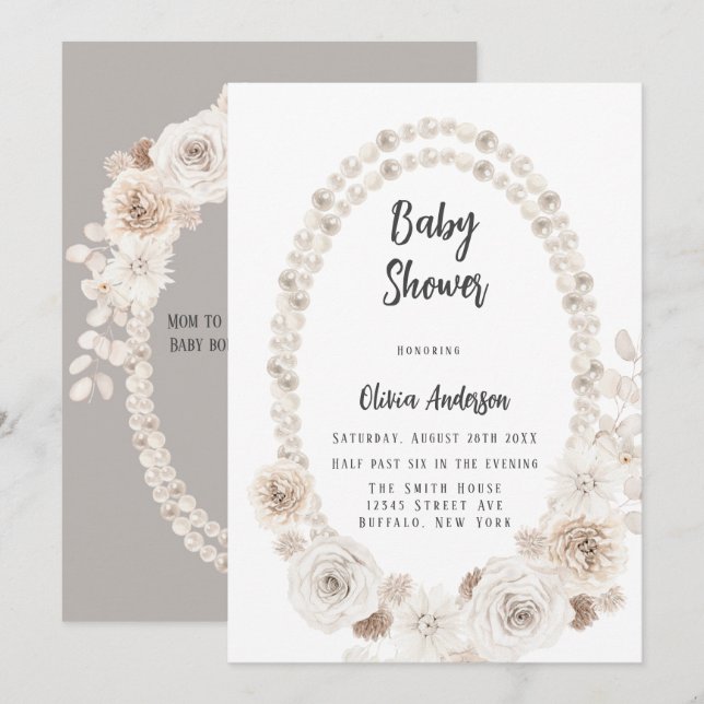 Perlen in Beige und Weiß und Florals Baby Dusche I Einladung (Vorne/Hinten)
